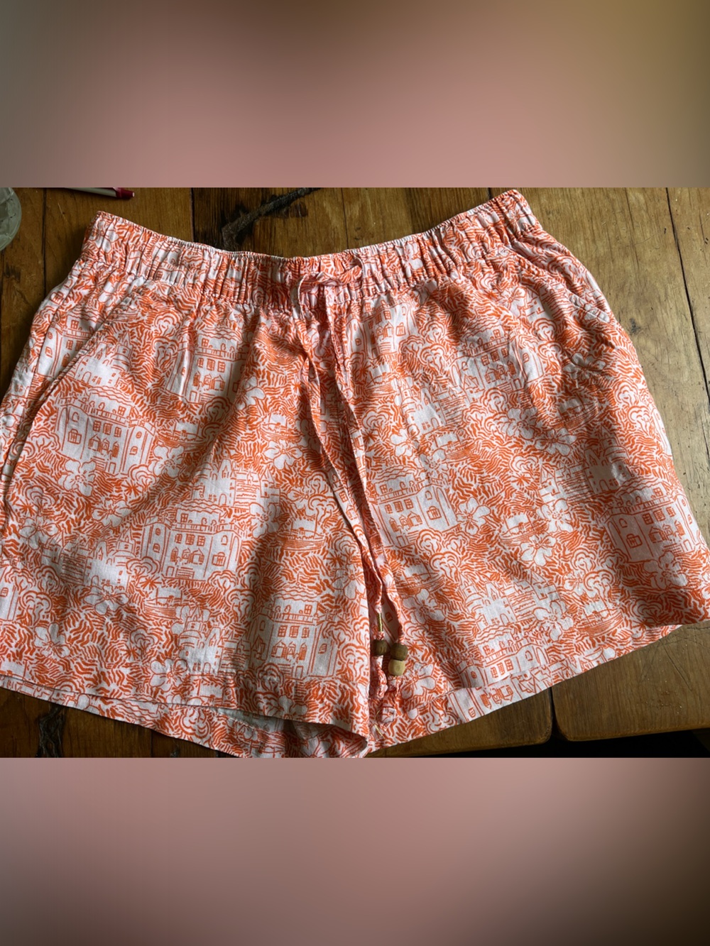 Cynthia Rowley Linen Orange & White Scenic Print Drawstring Shorts